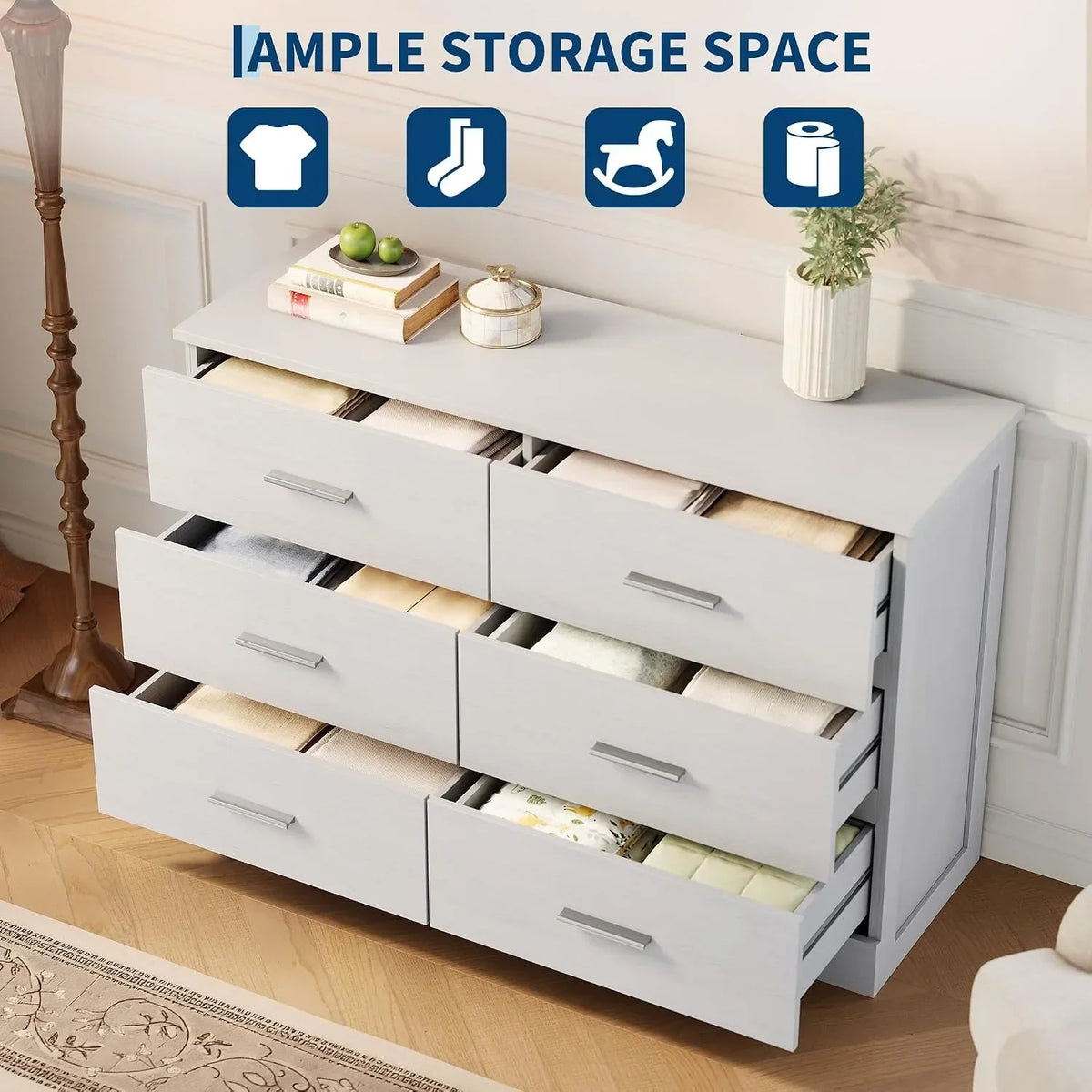 6-Drawer Wood Dresser with Metal Handles