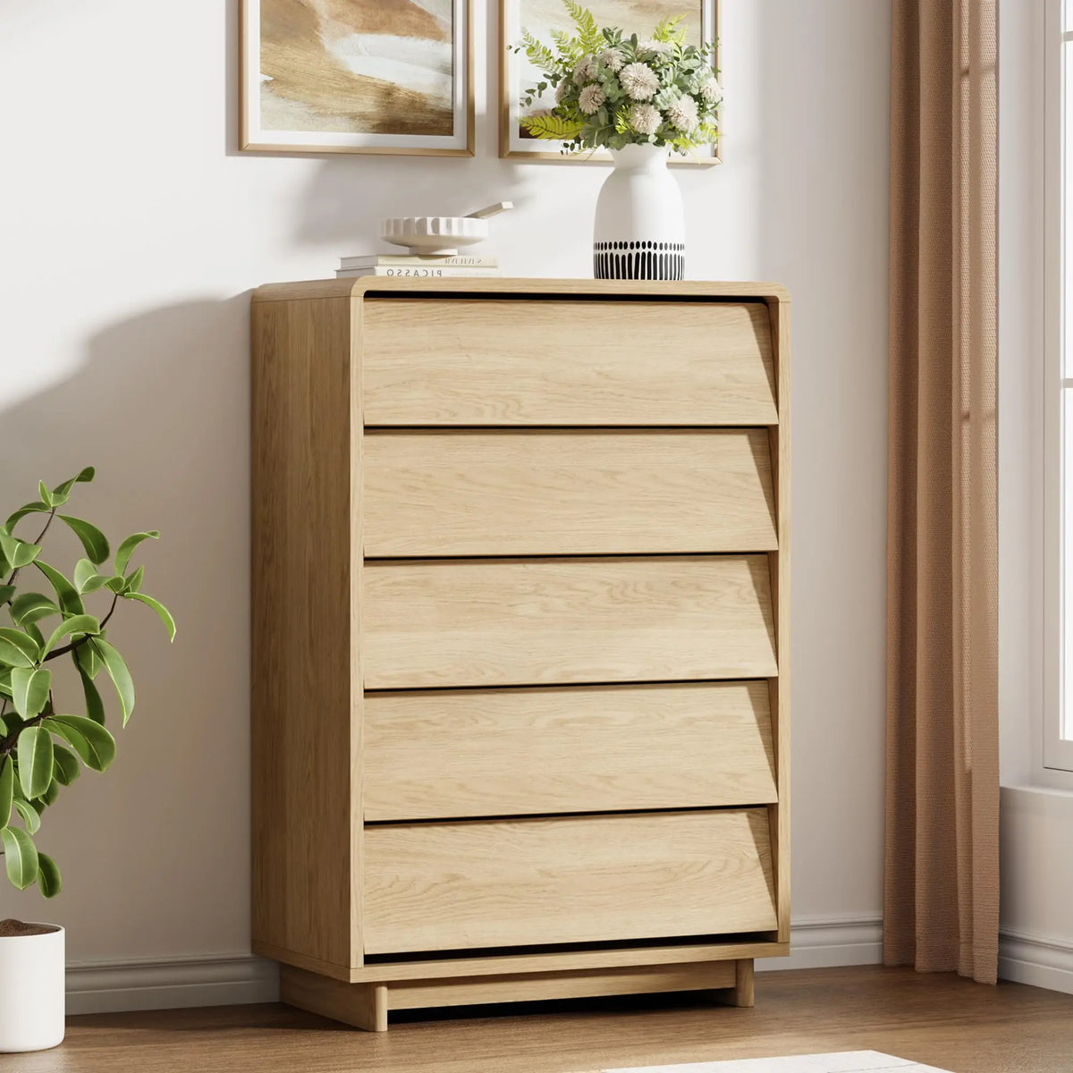 5-Drawer Tall Wood Dresser, Curved Edge