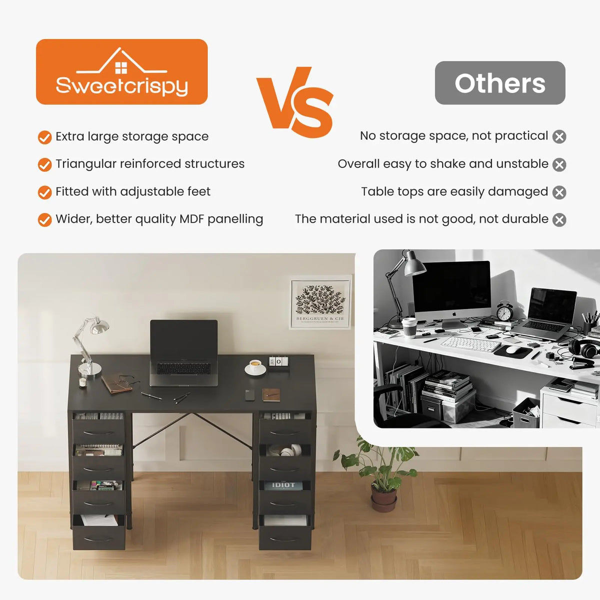 JHK 47" Computer Desk with 8 Drawers
