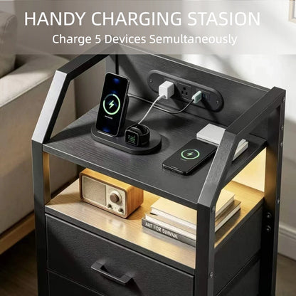 FRODROVIA Nightstand with USB Charging & LED Light