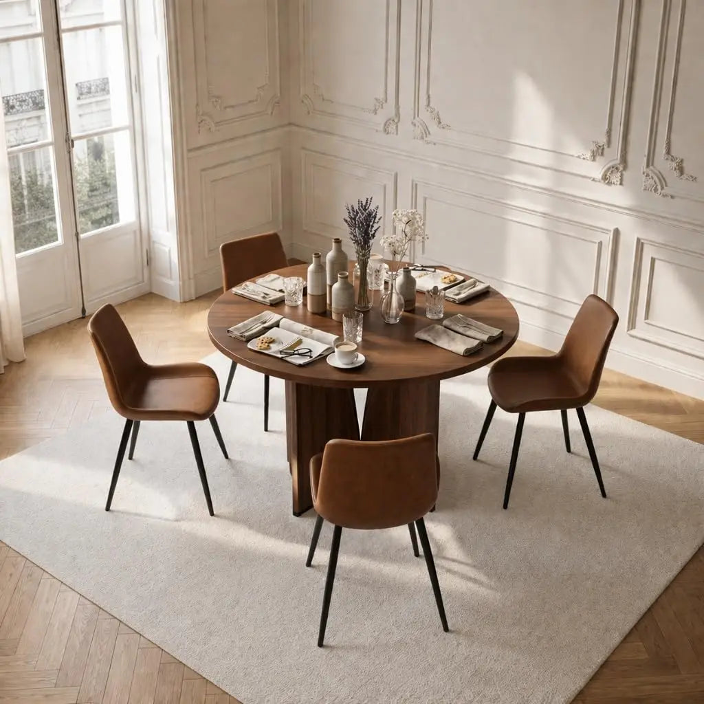 Round Walnut Dining Table Set for 4