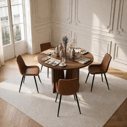 Round Walnut Dining Table Set for 4