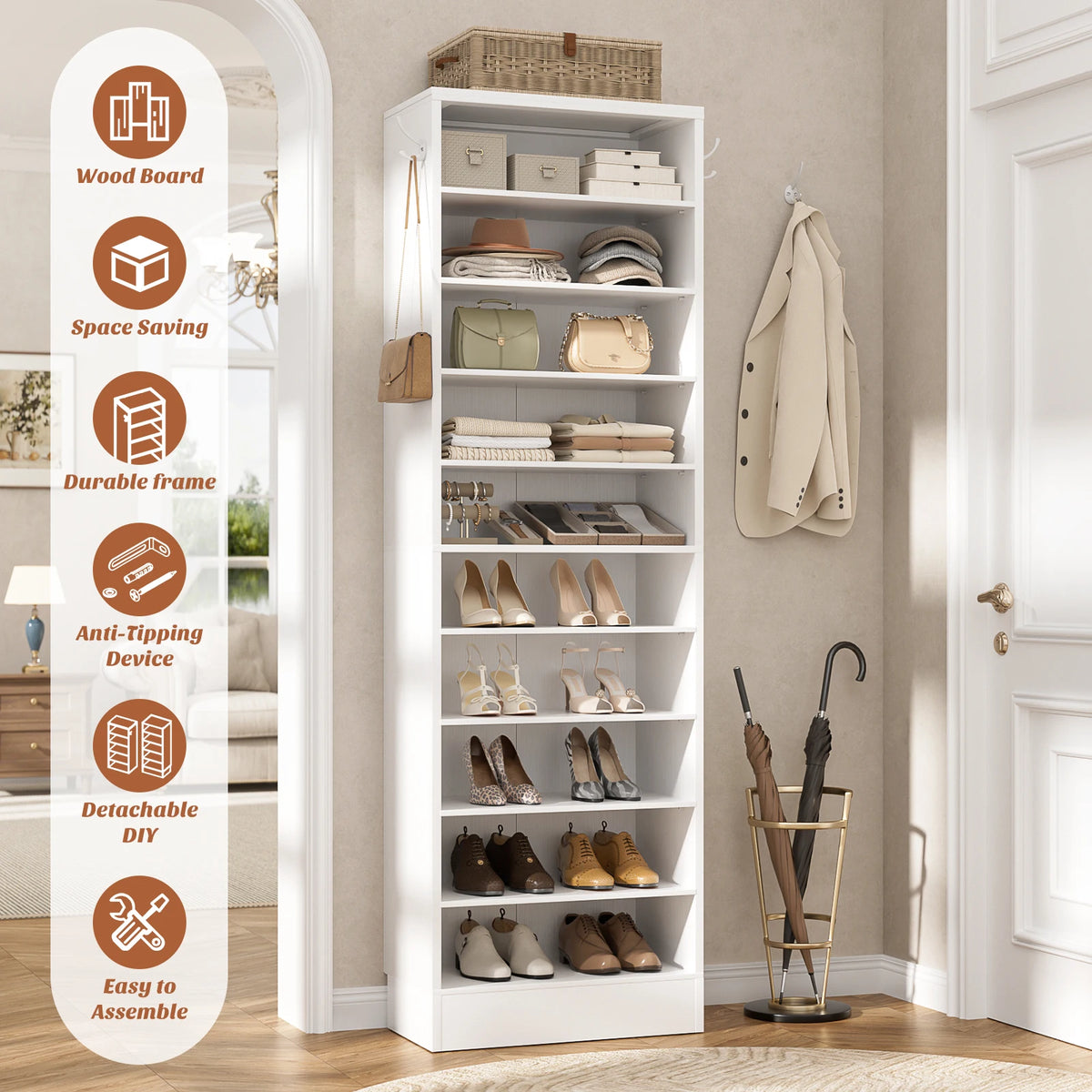 10-Tier Narrow Wood Shoe Rack