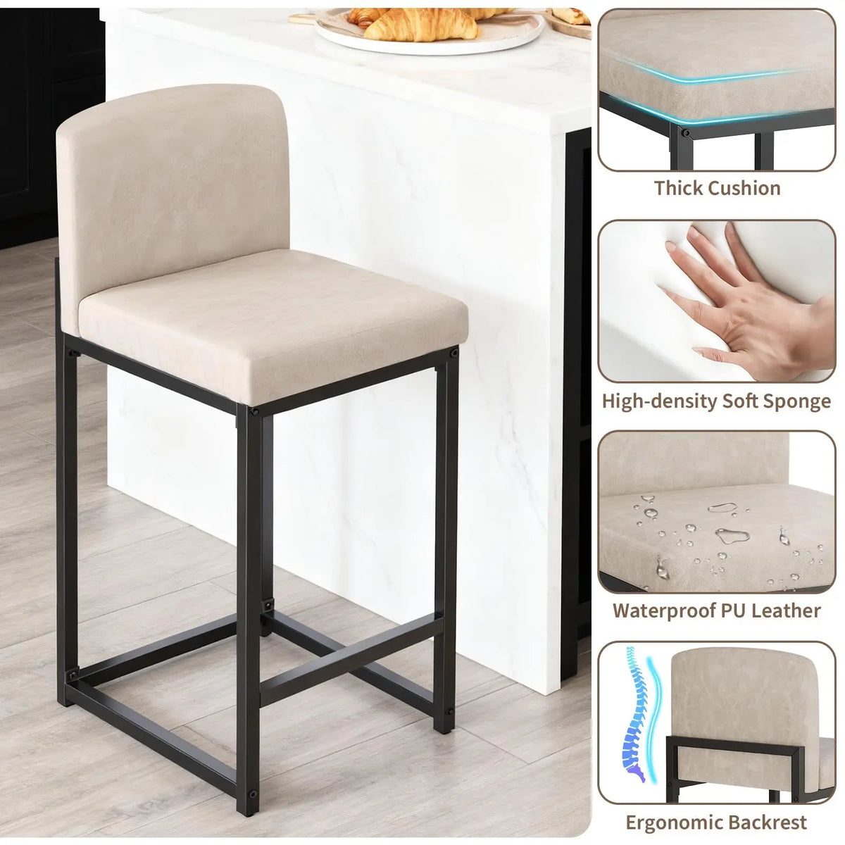 Faux Leather Counter Height Bar Stools, Set of 2