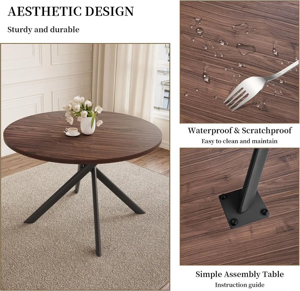 45.3" Round Dining Table Set for 4