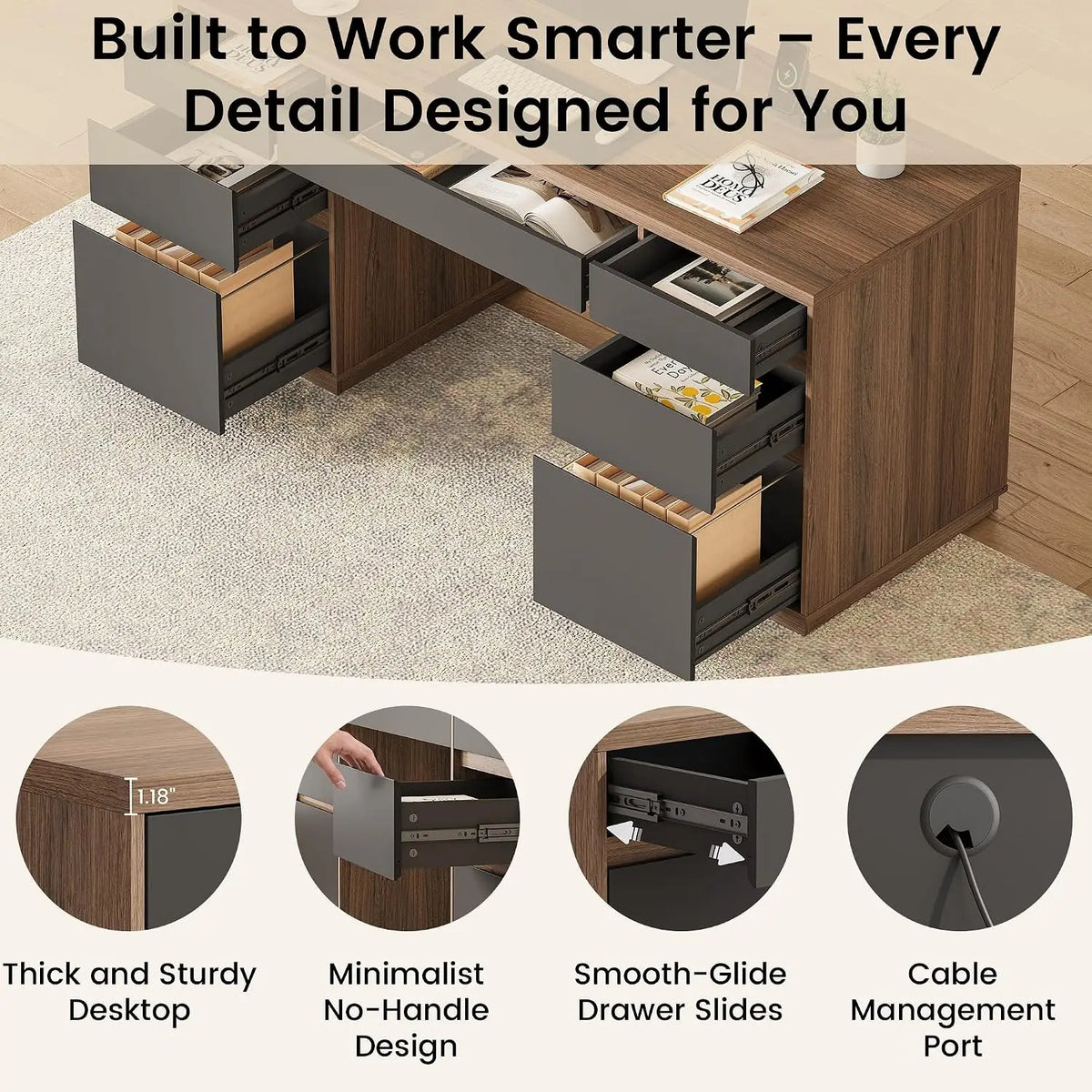 63" Executive Computer Desk with 7 Drawers