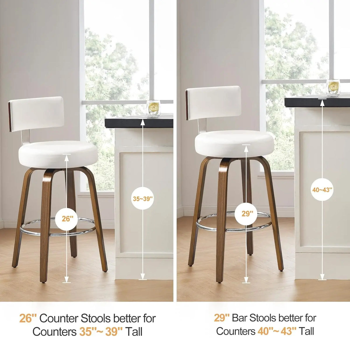 Swivel Counter Stools Set of 3 – Faux Leather & Walnut Legs, 26" Seat