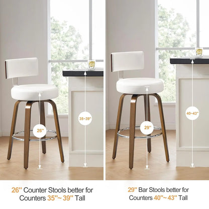 Swivel Counter Stools Set of 3 – Faux Leather & Walnut Legs, 26" Seat