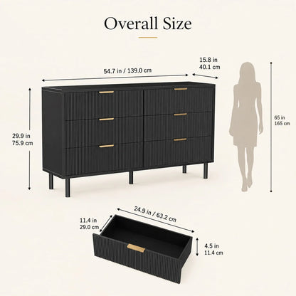 Fluted 6 Drawer Dresser with Metal Legs Wide Storage Cabinet Wood Chest of Drawers Anti Tipping Design Bedroom Living Room Hallway Organizer