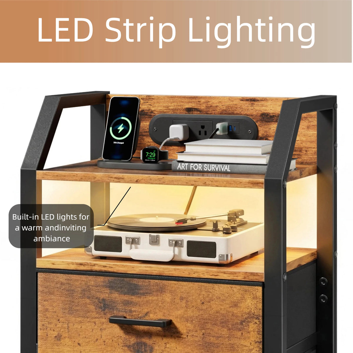 FRODROVIA Nightstand with USB Charging & LED Light