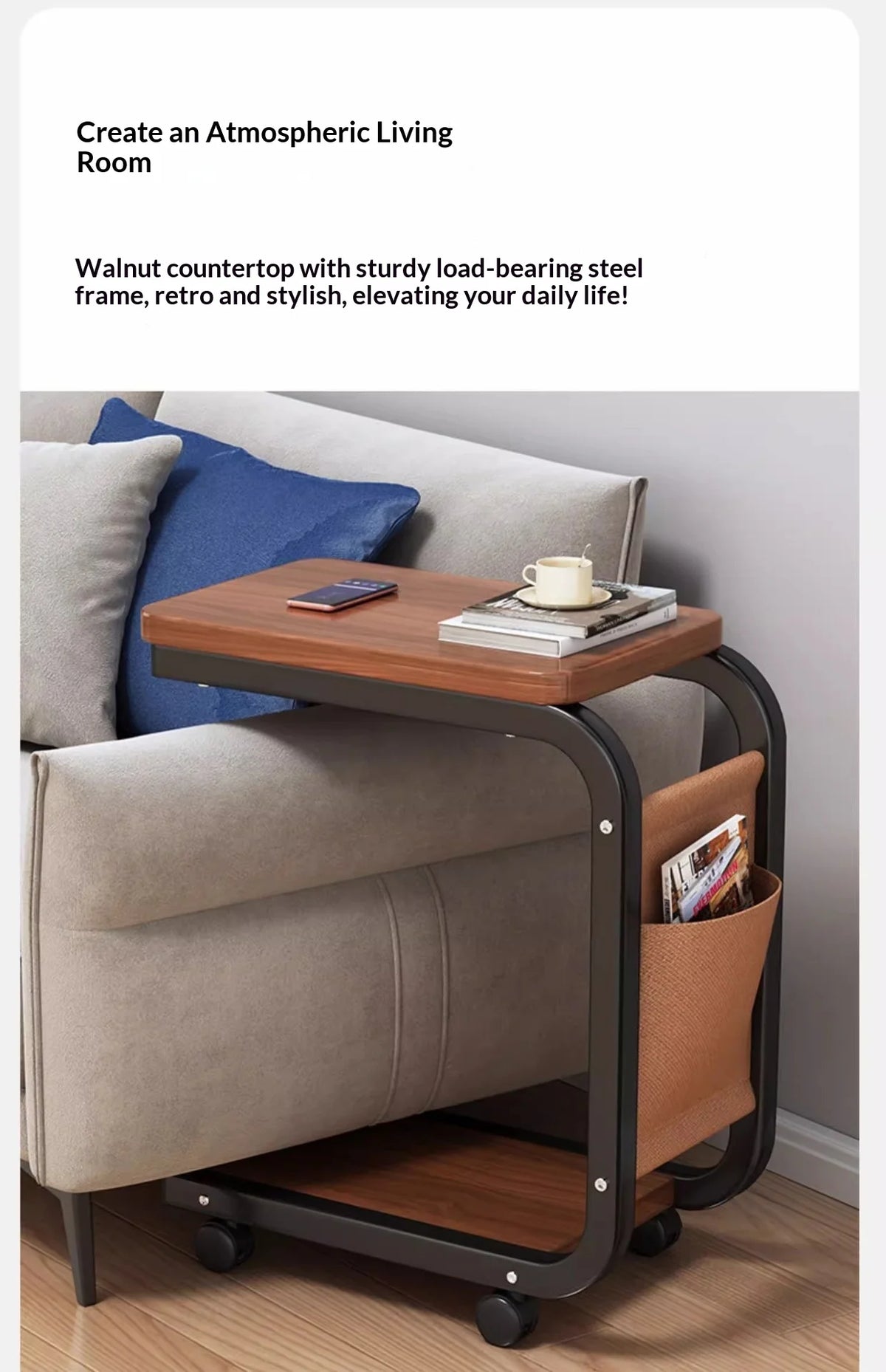 Mobile Coffee Side Table, Height Adjustable