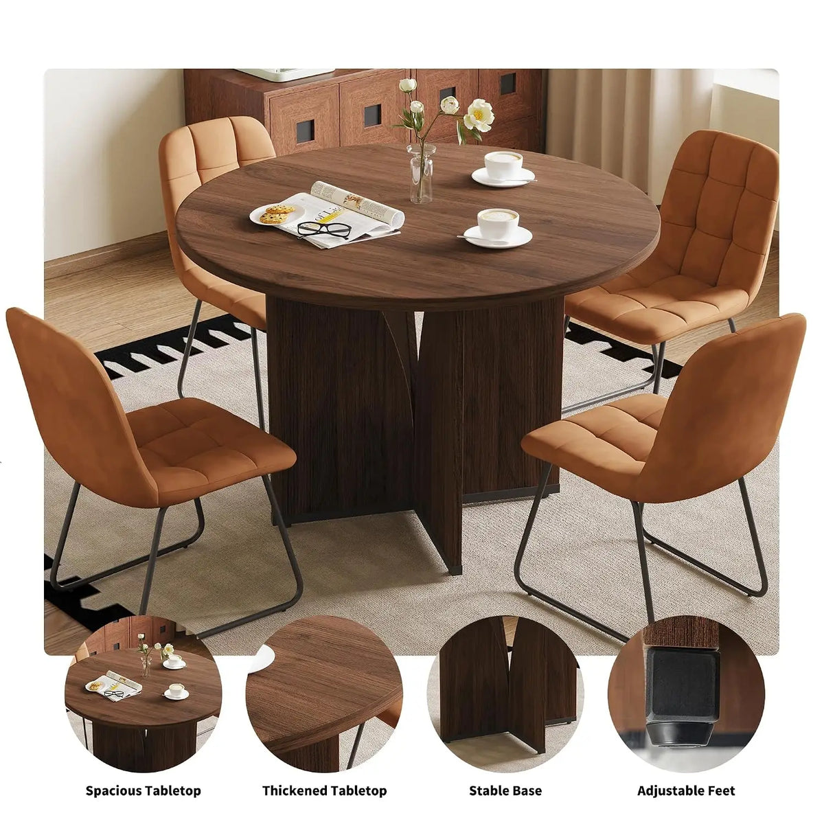 Round Walnut Dining Table Set for 4