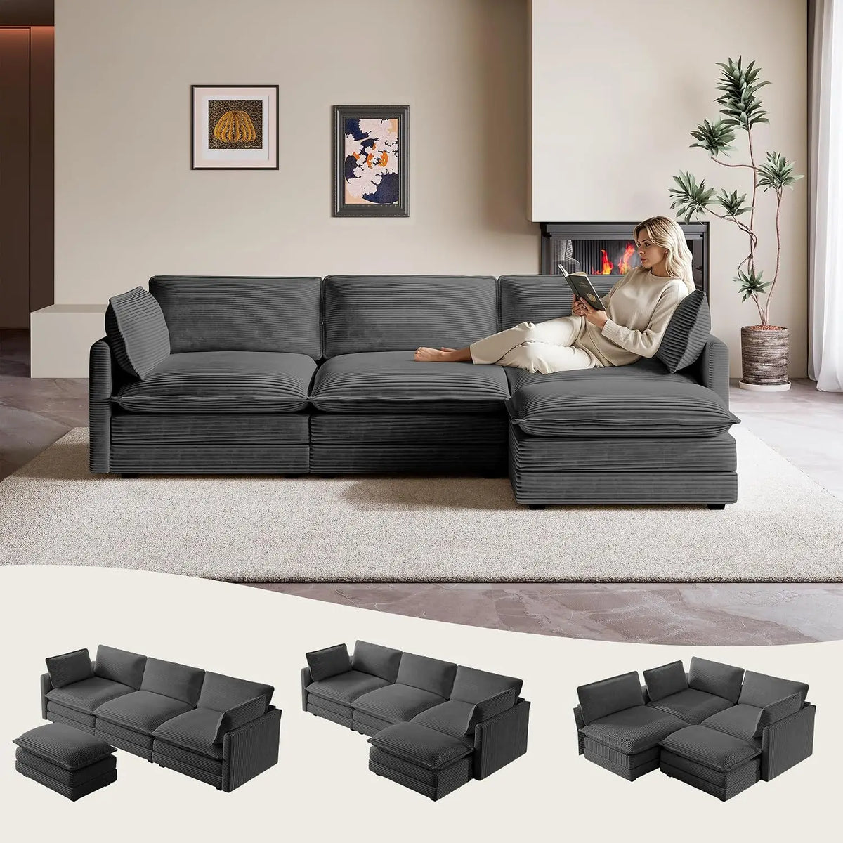 104in Corduroy L-Shaped Sectional Sofa