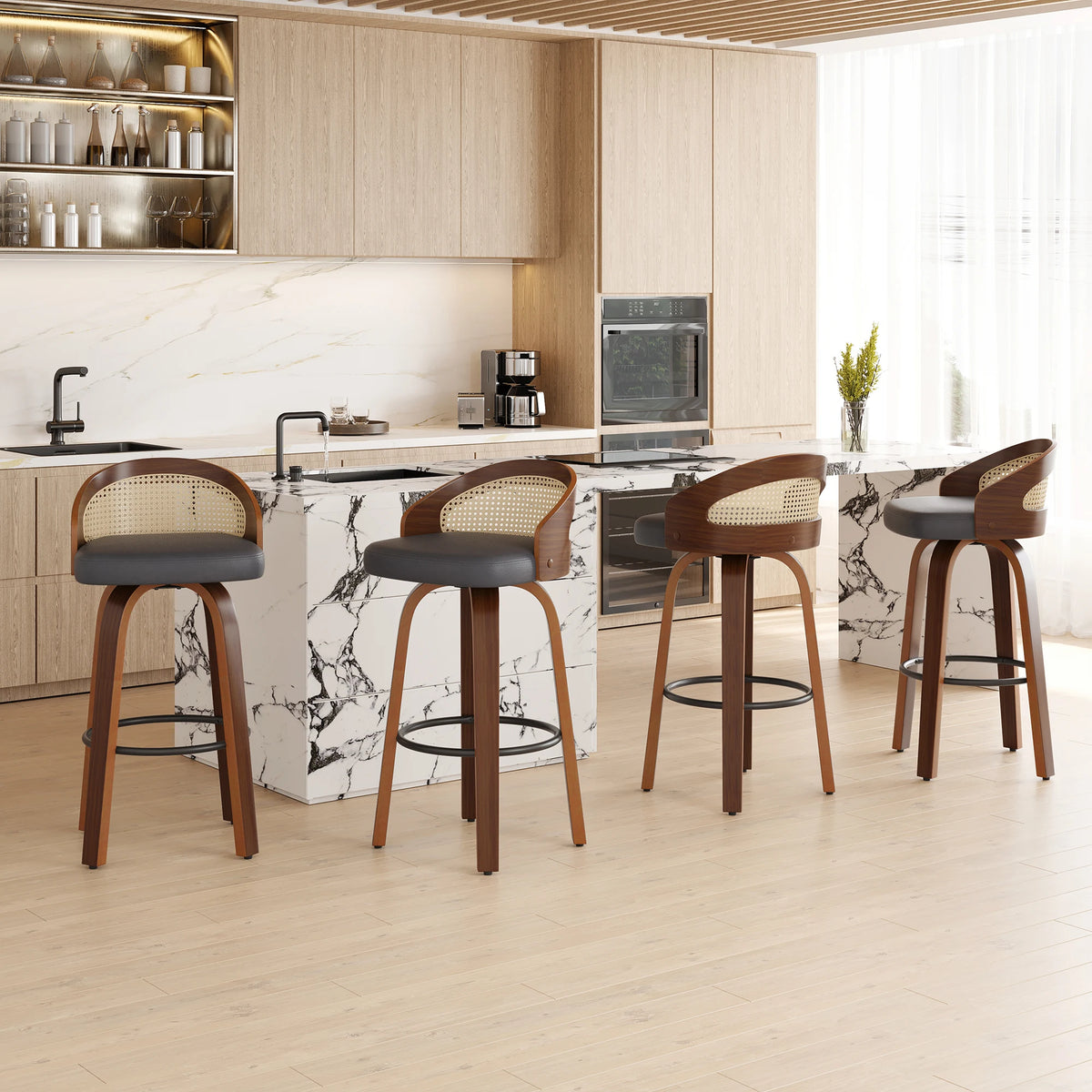 Swivel Bar Stools with Rattan Back, Set of 2
