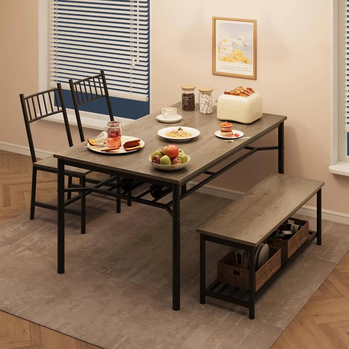 Dining Table Set for 4 with Bench & Storage