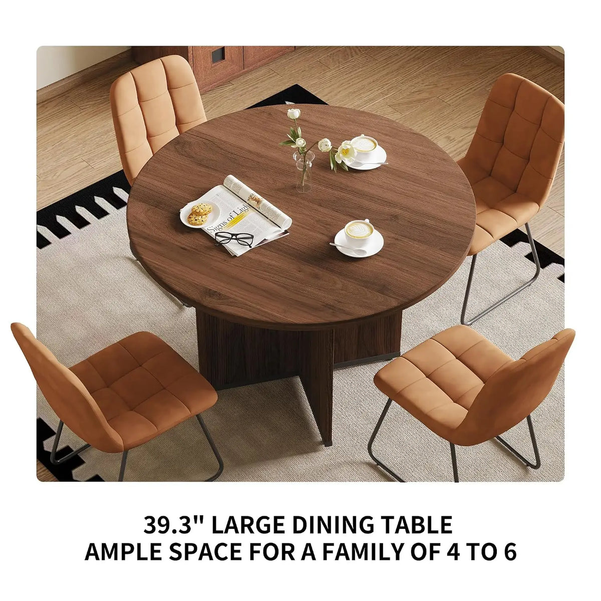 Round Walnut Dining Table Set for 4