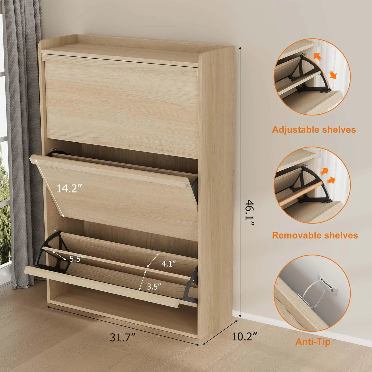 3 Flip Drawer Shoe Cabinet, 46"