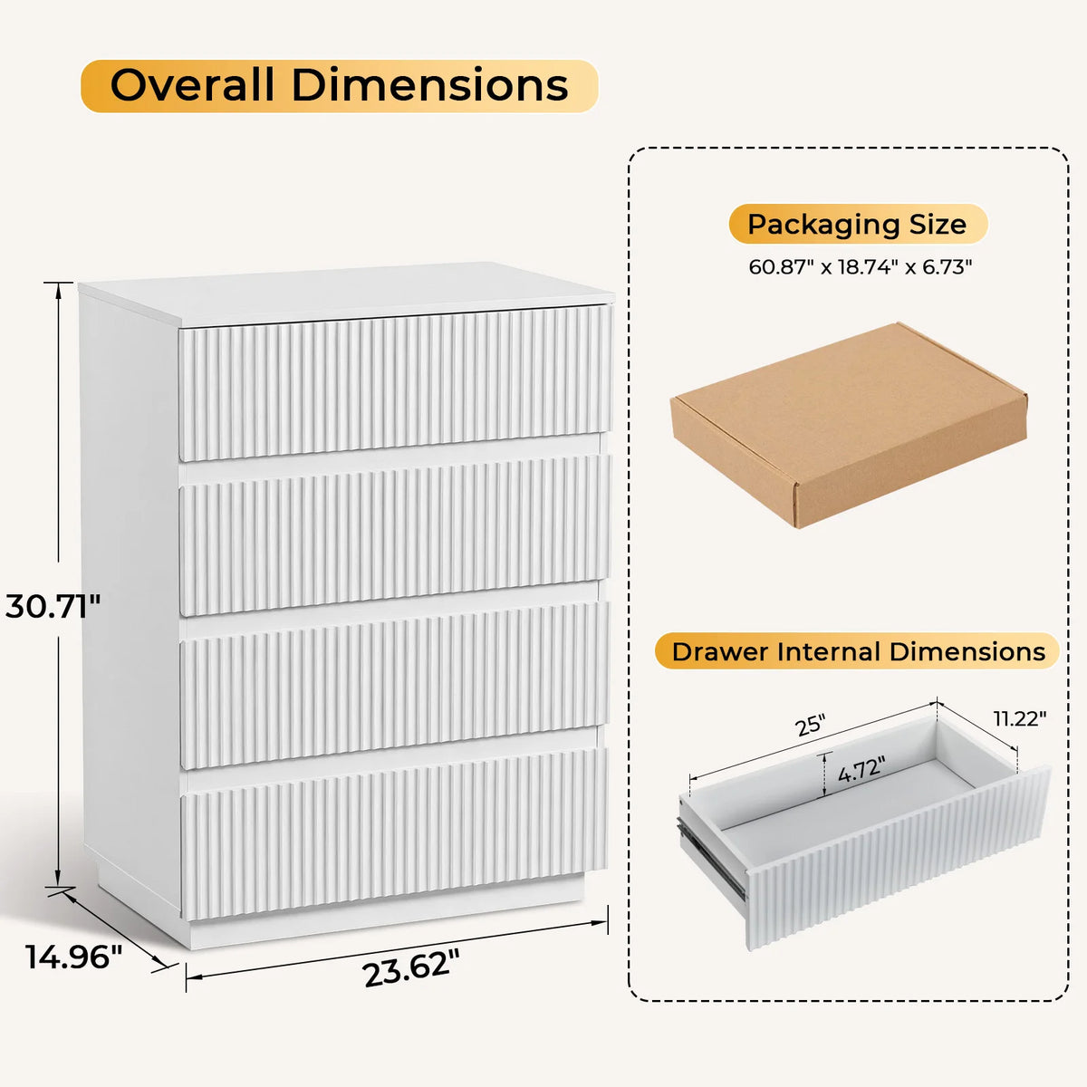 White Fluted 4-Drawer Dresser