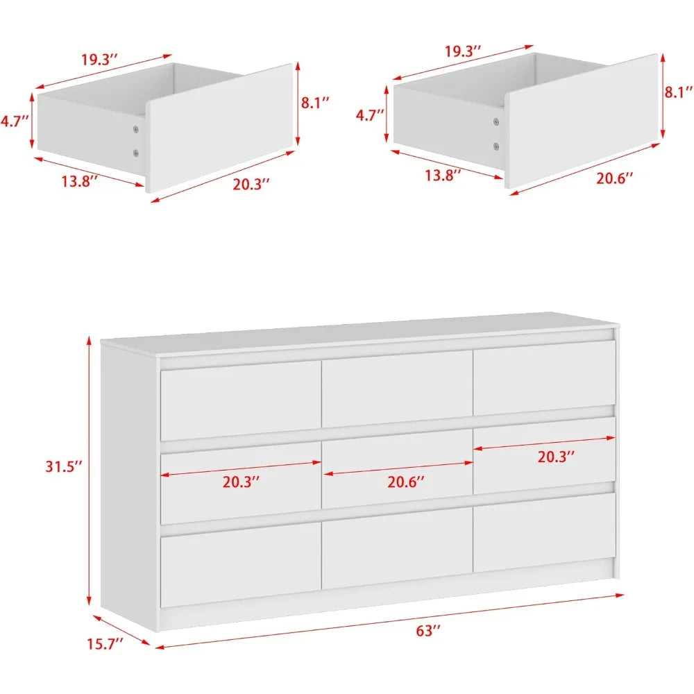 White 9-Drawer Long Dresser