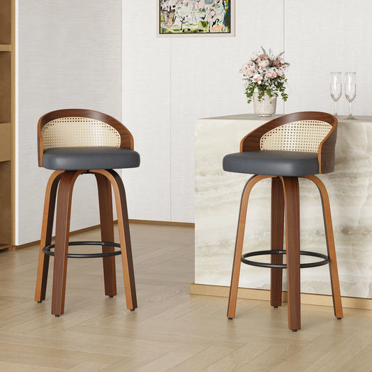 Swivel Bar Stools with Rattan Back, Set of 2