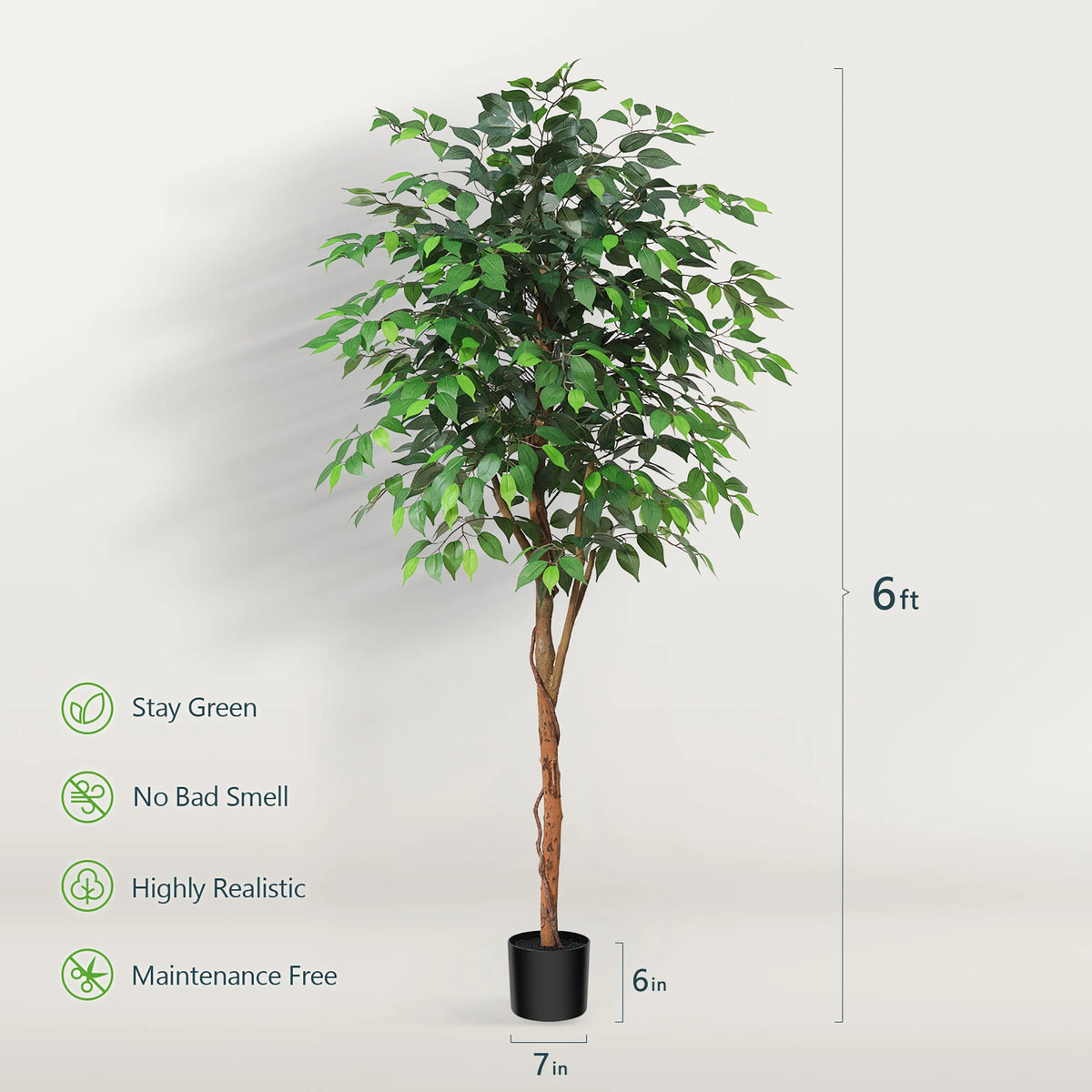 Artificial Ficus Tree | Fake Potted Plant with Natural Wood Trunk