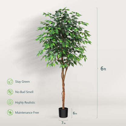 Artificial Ficus Tree | Fake Potted Plant with Natural Wood Trunk