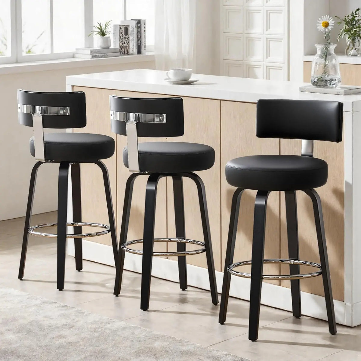 Swivel Counter Stools Set of 3 – Faux Leather & Walnut Legs, 26" Seat