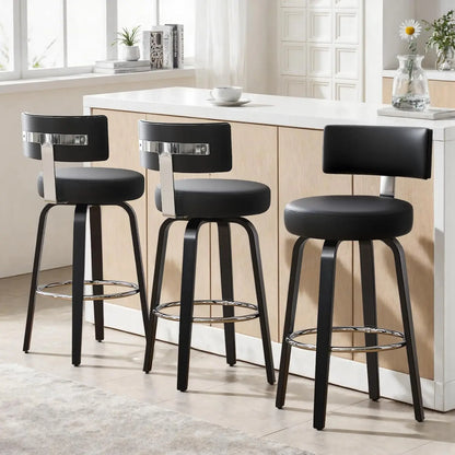 Swivel Counter Stools Set of 3 – Faux Leather & Walnut Legs, 26" Seat