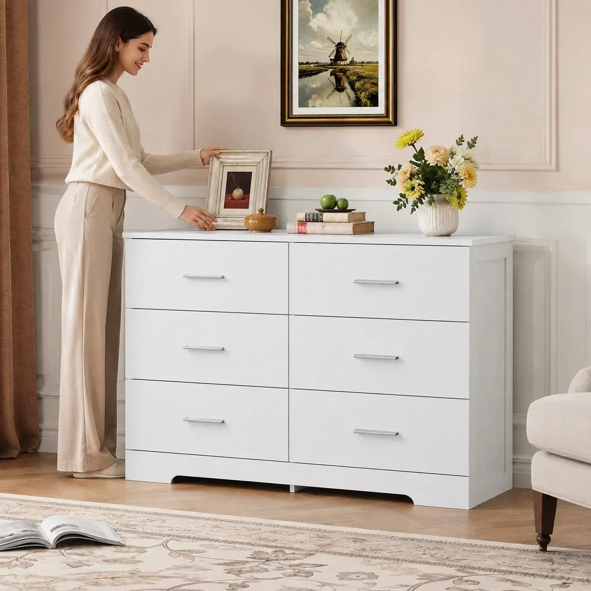 6-Drawer Wood Dresser with Metal Handles