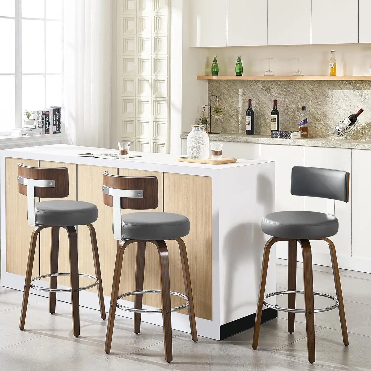 Swivel Counter Stools Set of 3 – Faux Leather & Walnut Legs, 26" Seat