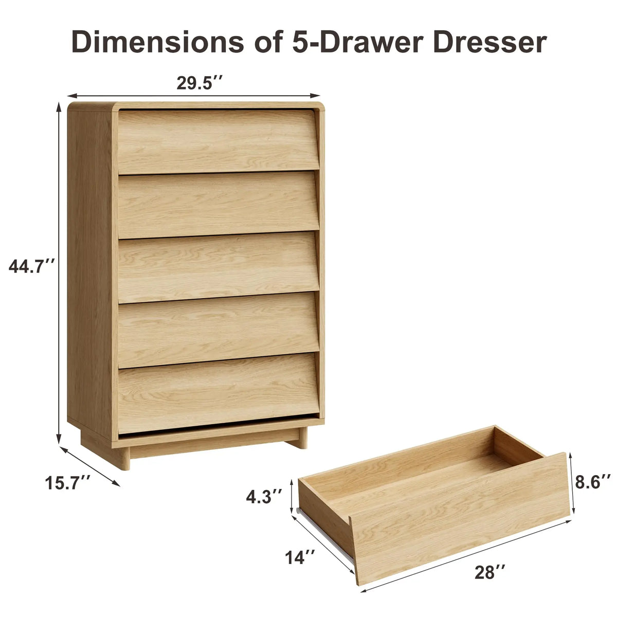 5-Drawer Tall Wood Dresser, Curved Edge