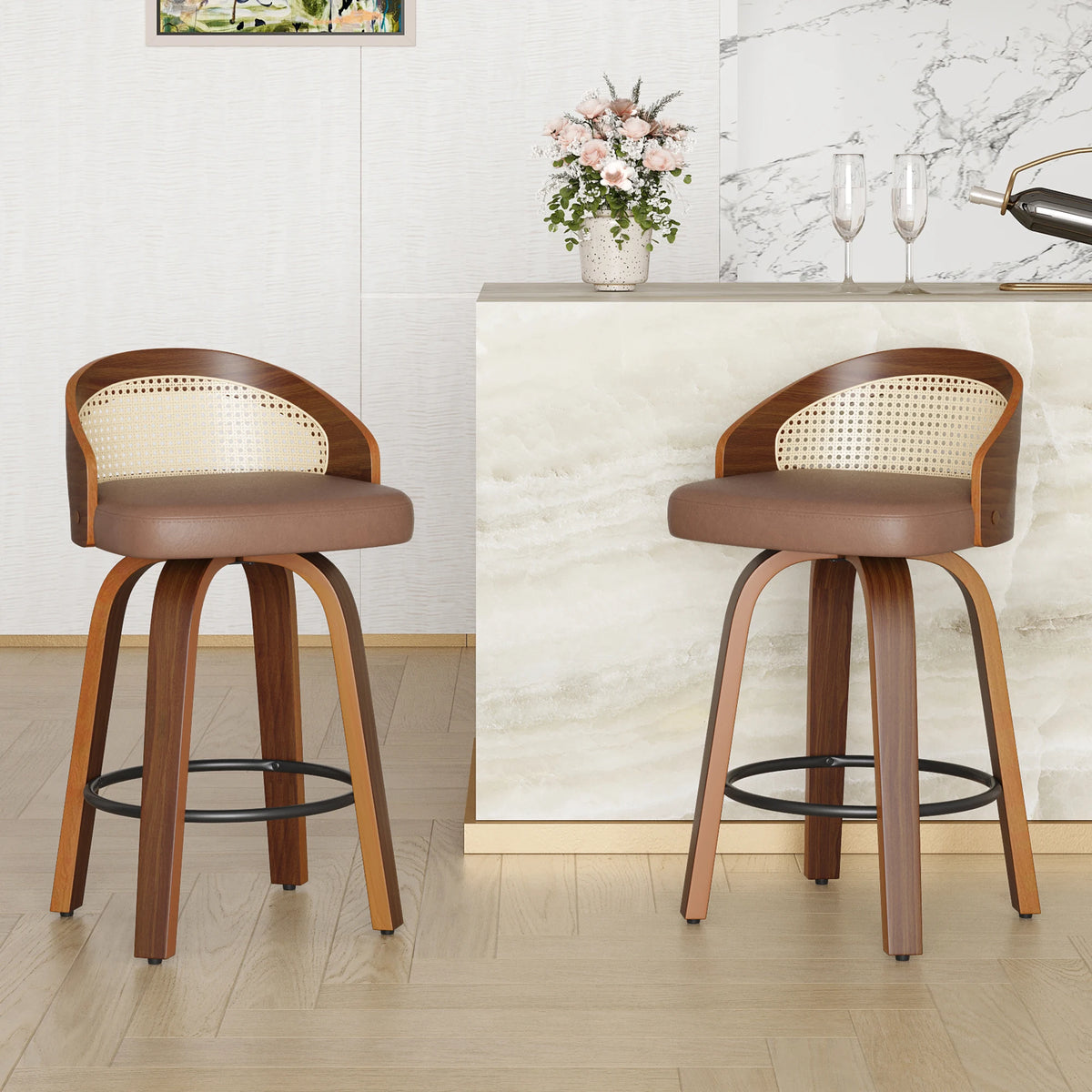 Swivel Bar Stools with Rattan Back, Set of 2
