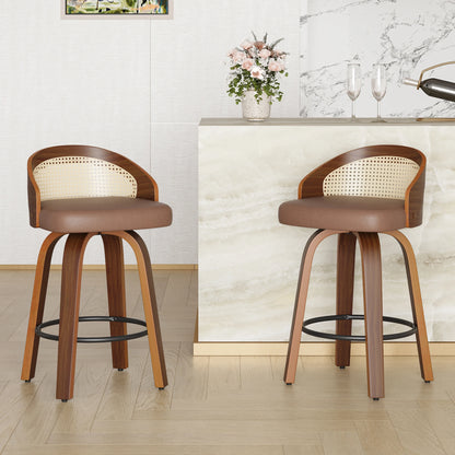 Swivel Bar Stools with Rattan Back, Set of 2