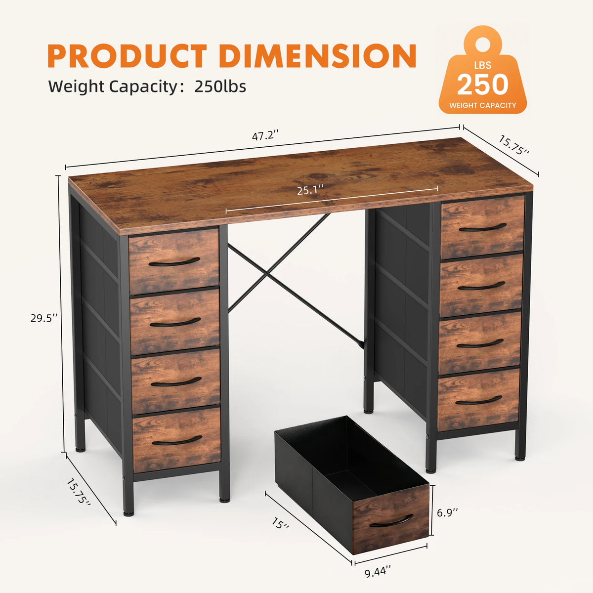 JHK 47" Computer Desk with 8 Drawers
