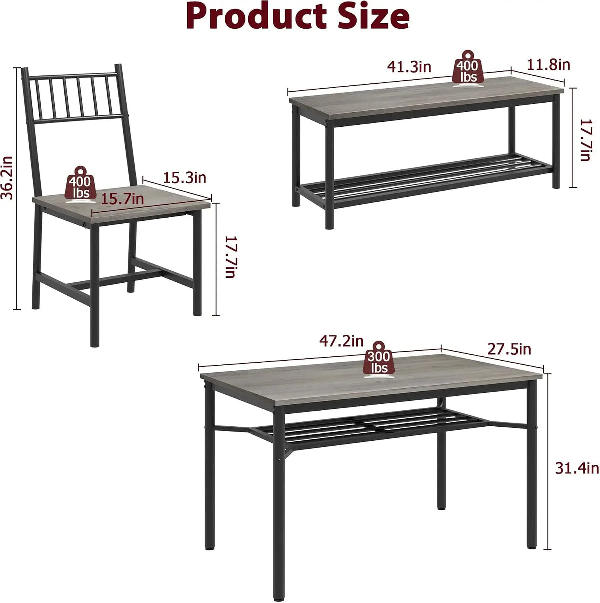 Dining Table Set for 4 with Bench & Storage