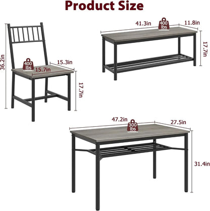 Dining Table Set for 4 with Bench & Storage