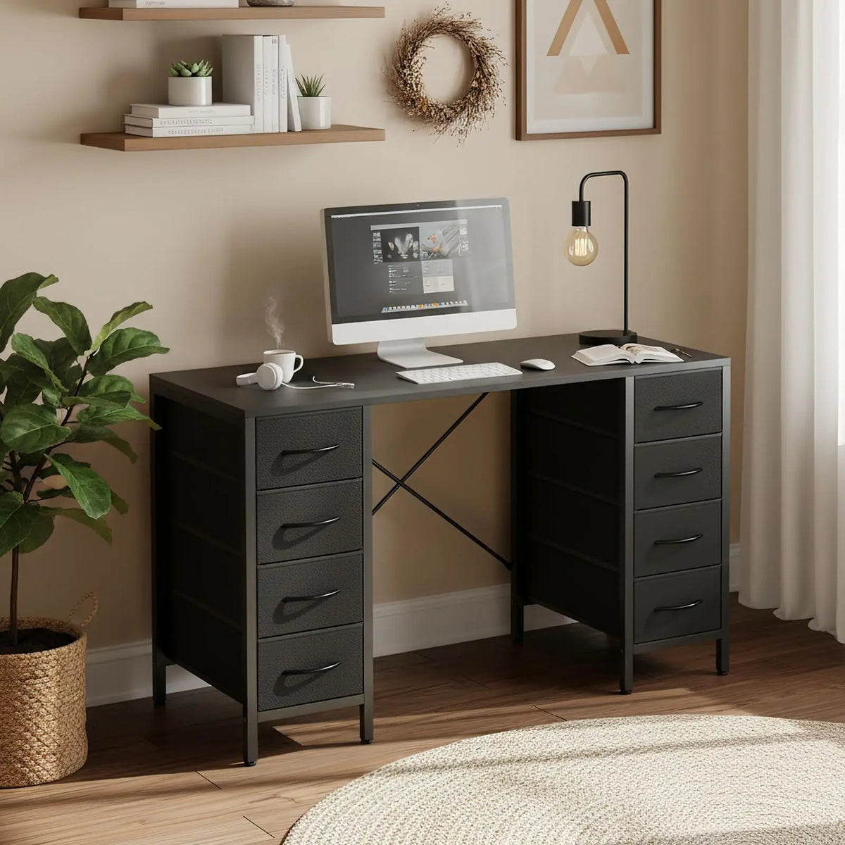 JHK 47" Computer Desk with 8 Drawers