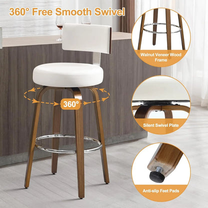 Swivel Counter Stools Set of 3 – Faux Leather & Walnut Legs, 26" Seat