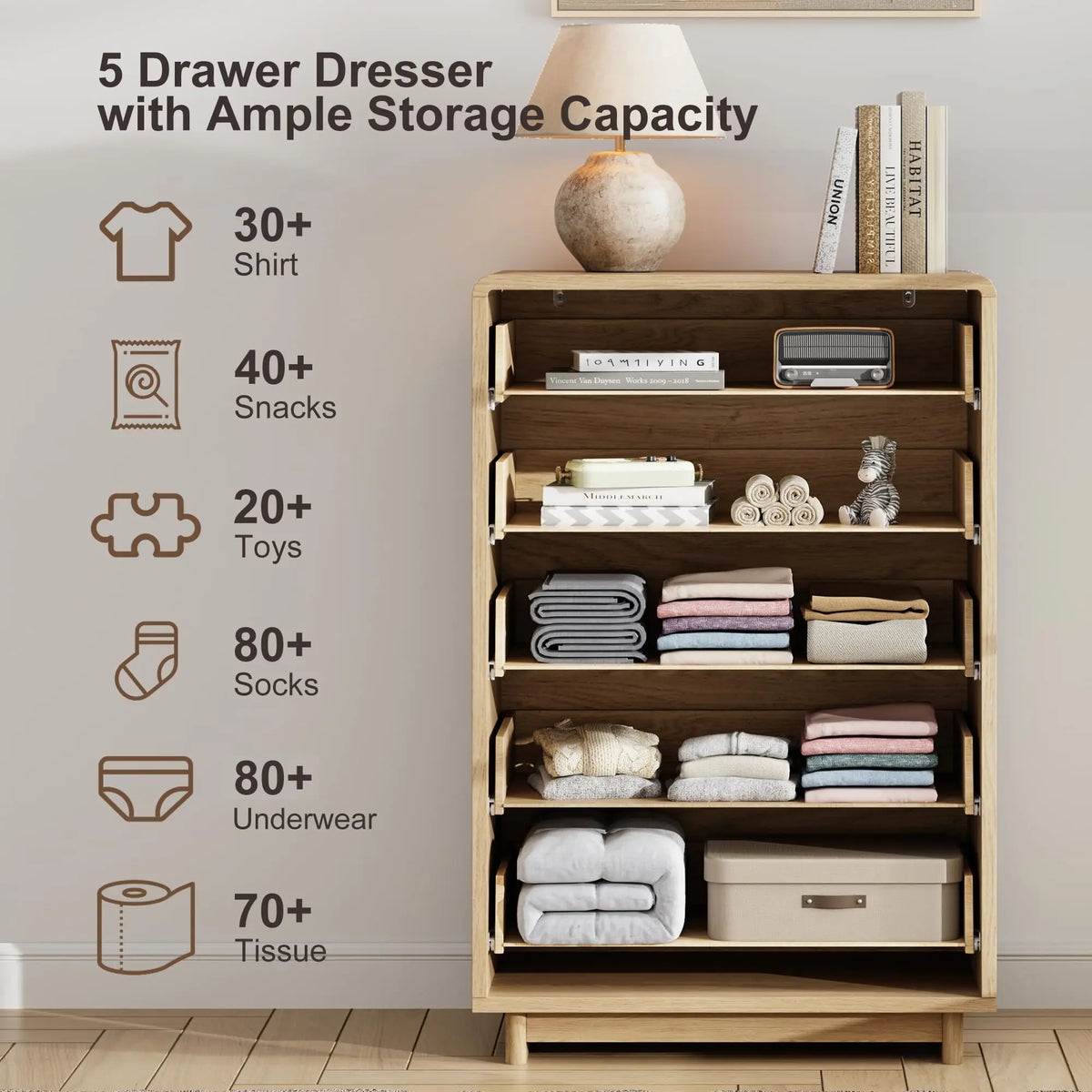 5-Drawer Tall Wood Dresser, Curved Edge