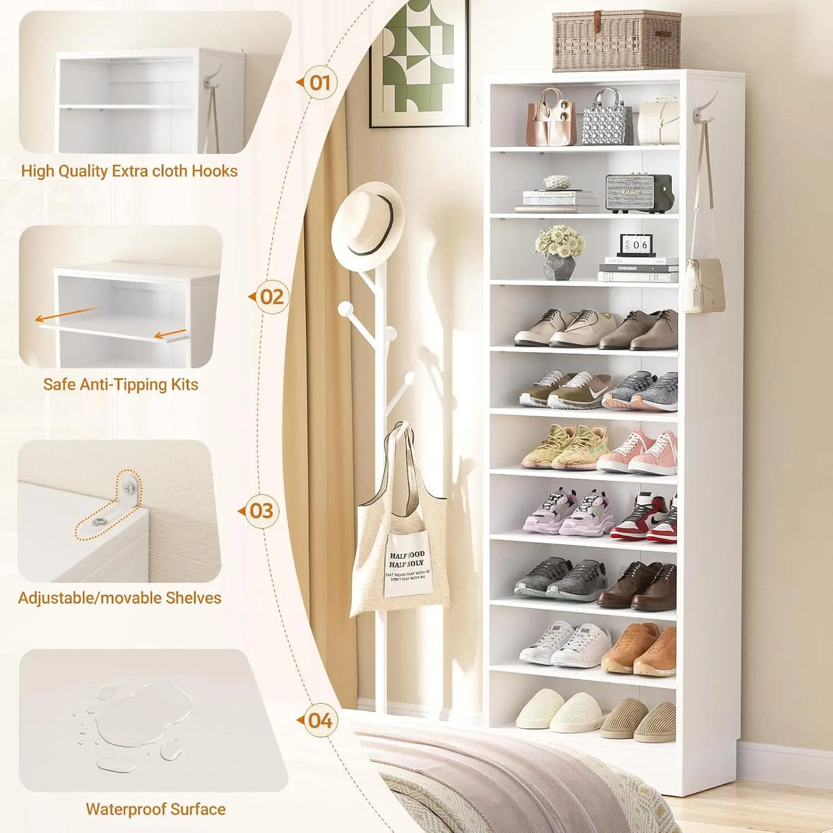 10-Tier Narrow Wood Shoe Rack