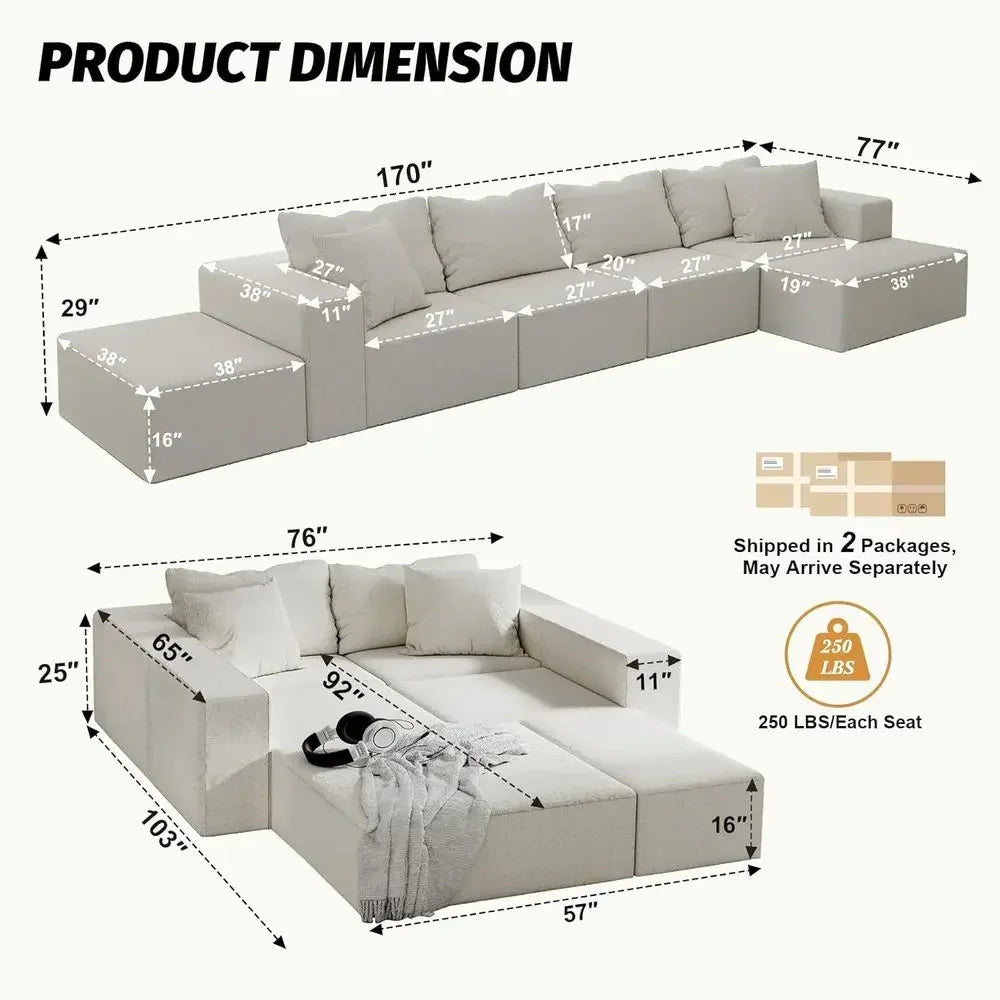 170in Cloud Chenille L-Shaped Sofa (Beige)