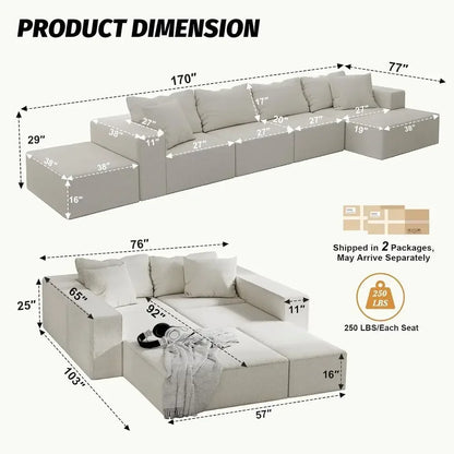 170in Cloud Chenille L-Shaped Sofa (Beige)