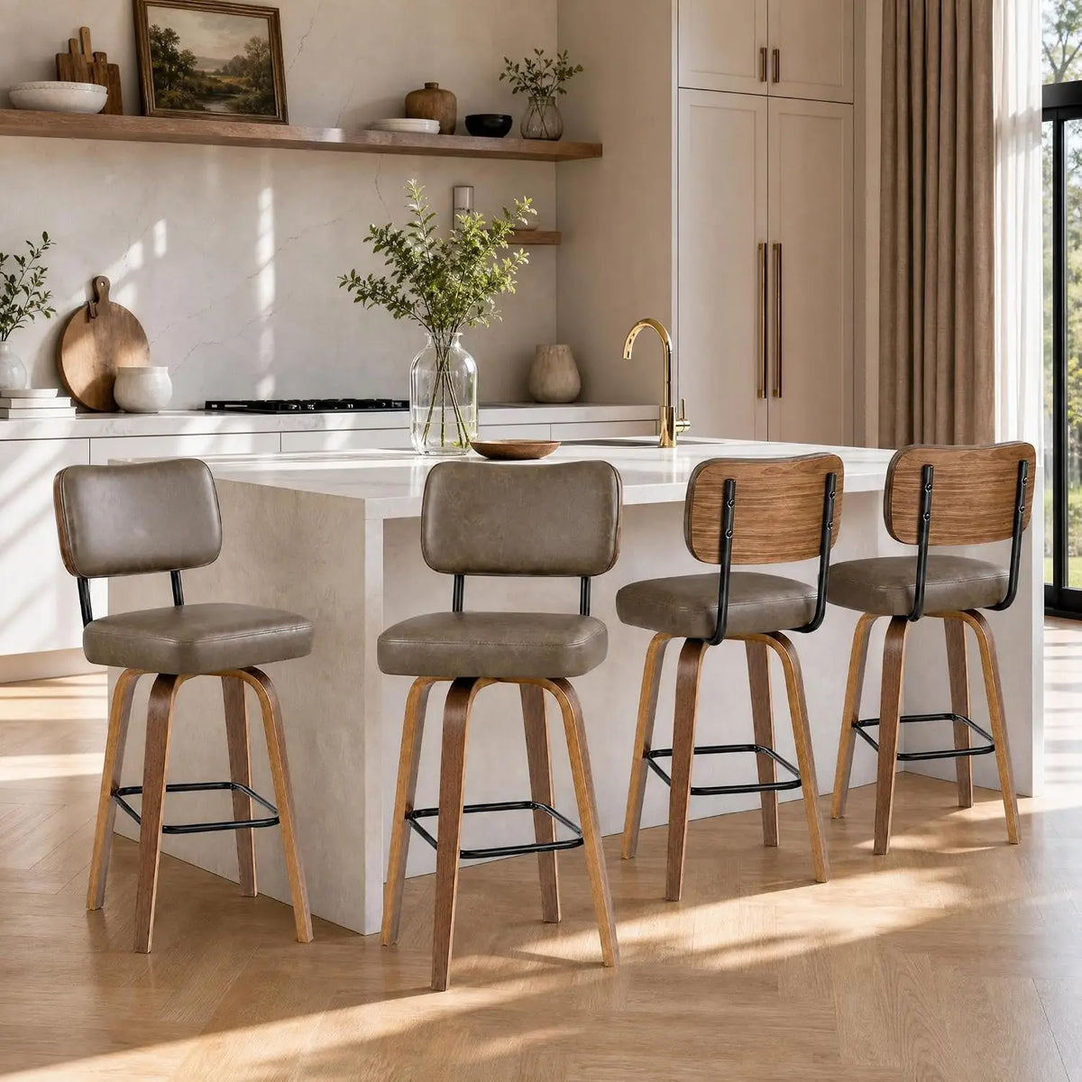 Faux Leather Swivel Bar Stools, Set of 3