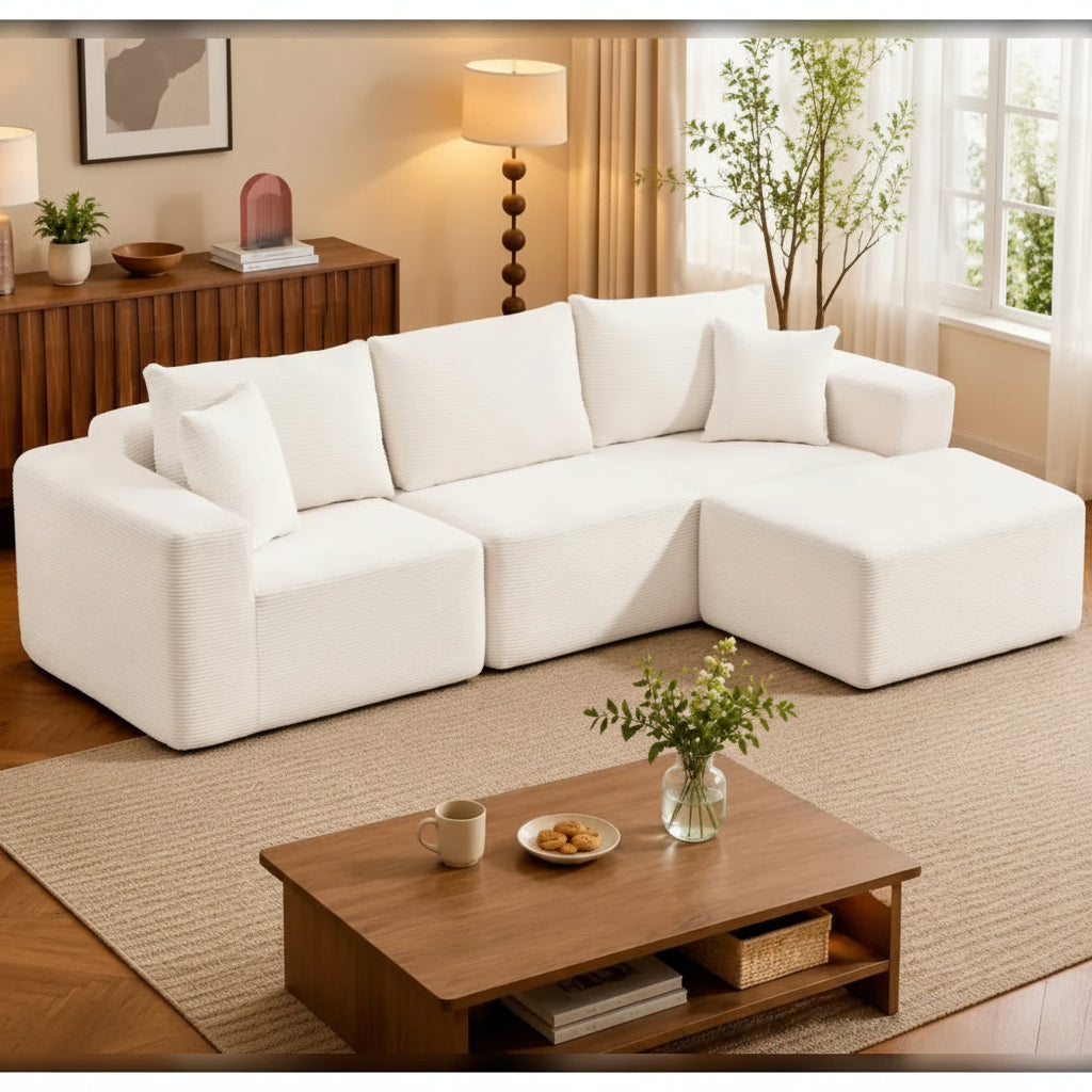 108" Cloud Couch Sectional | Boneless L-Shaped Sofa with Chaise & Ottoman – Beige