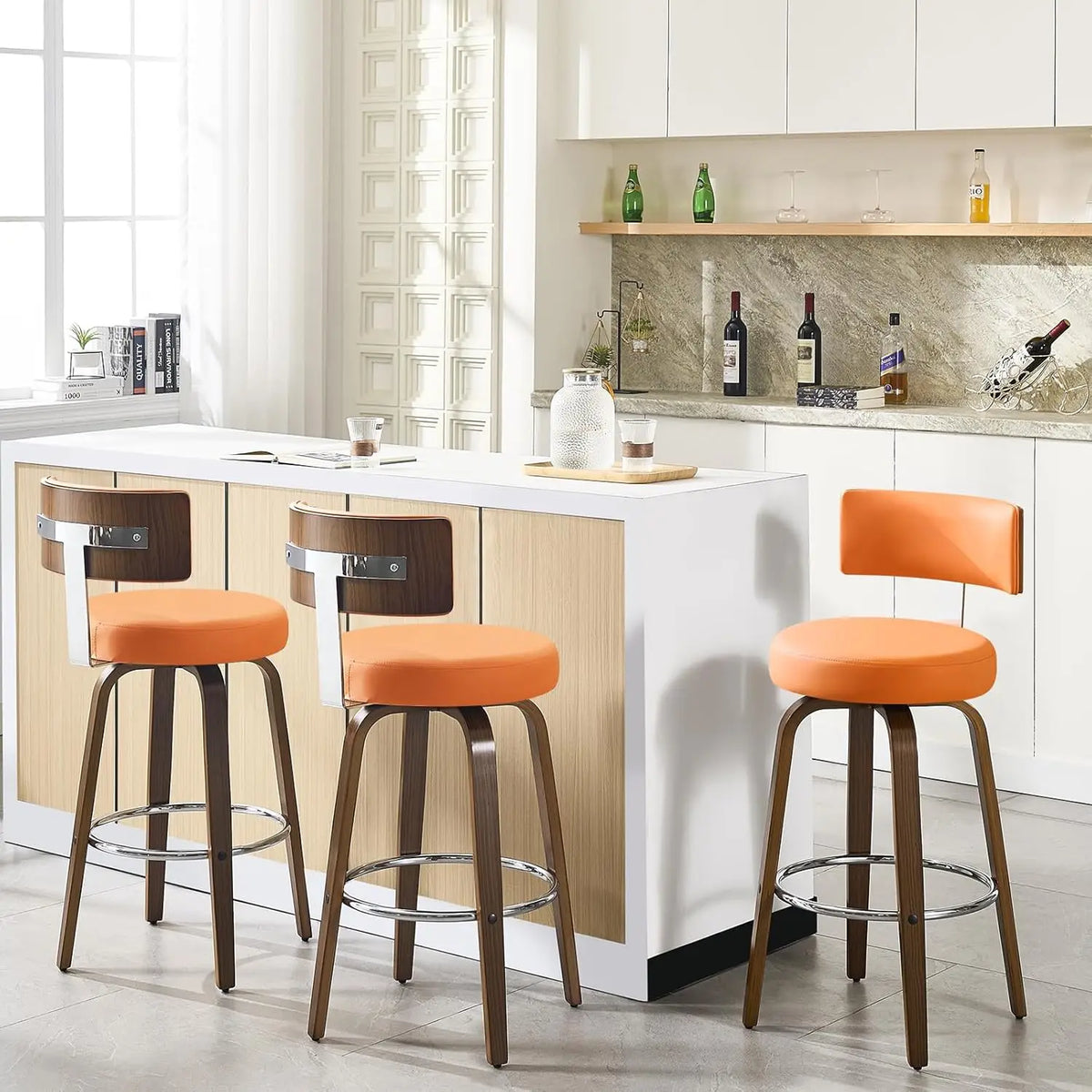 Swivel Counter Stools Set of 3 – Faux Leather & Walnut Legs, 26" Seat