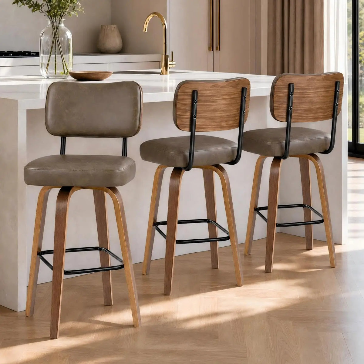 Faux Leather Swivel Bar Stools, Set of 3