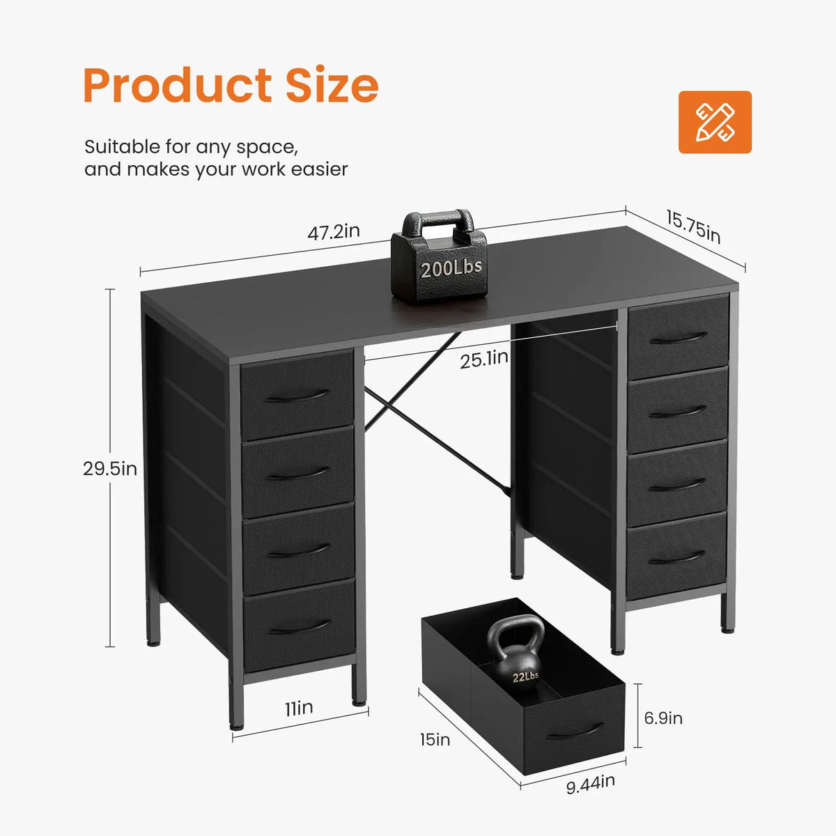 JHK 47" Computer Desk with 8 Drawers