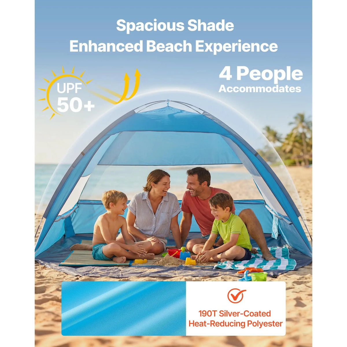 4-Person Beach Tent Sun Shelter, UPF 50+