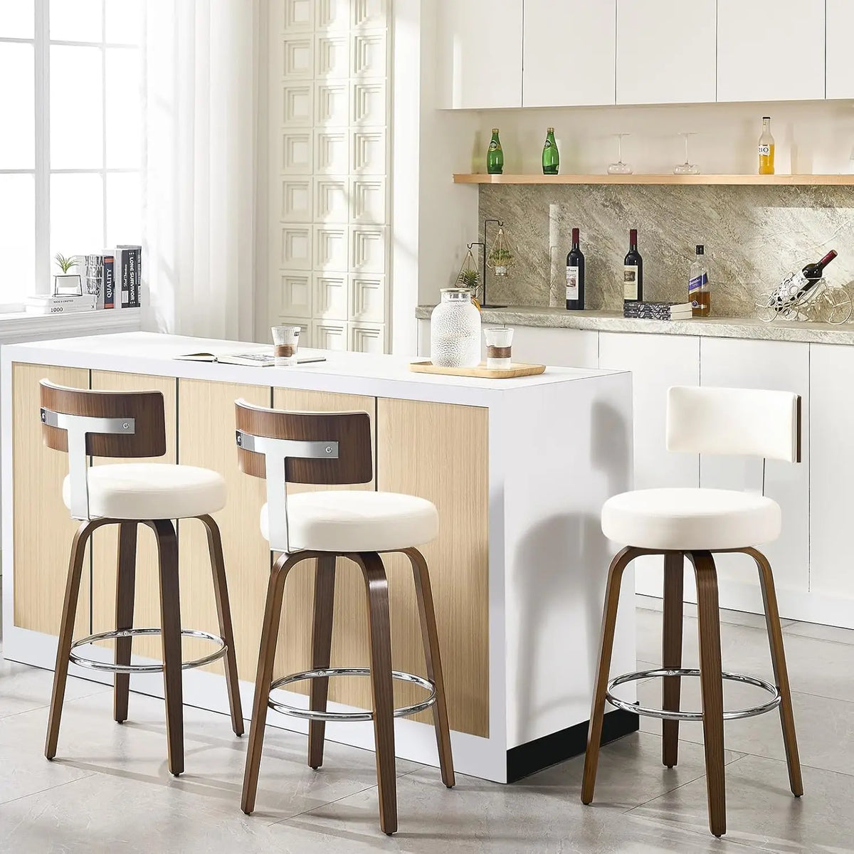 Swivel Counter Stools Set of 3 – Faux Leather & Walnut Legs, 26" Seat